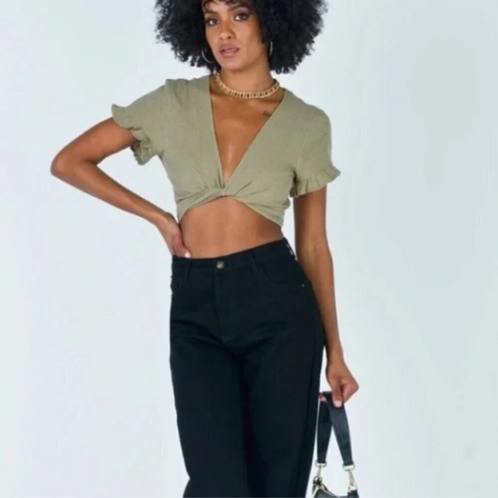 Princess Polly Honey Honey Olive Green Crossover Crop Top Size 6 Boho Vacation